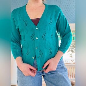 VTG Italian Made Green/Blue V-Neck 3/4 Sleeve Cardigan